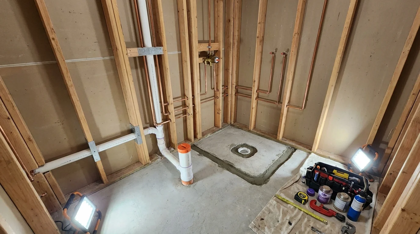 Bathroom rough-in plumbing during remodel by Johns Plumbing LLC in Byron Center