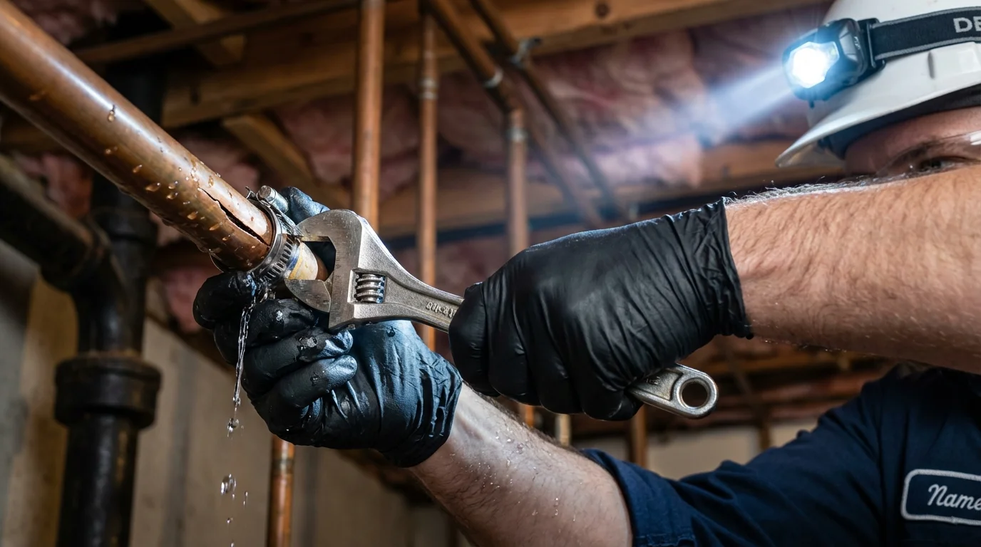 Emergency pipe clamp repair being performed by a Johns Plumbing LLC plumber in Byron Center