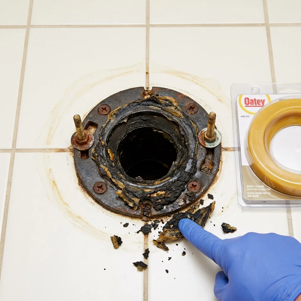 Failed wax ring showing water seepage at the base of a toilet in a Byron Center, MI home