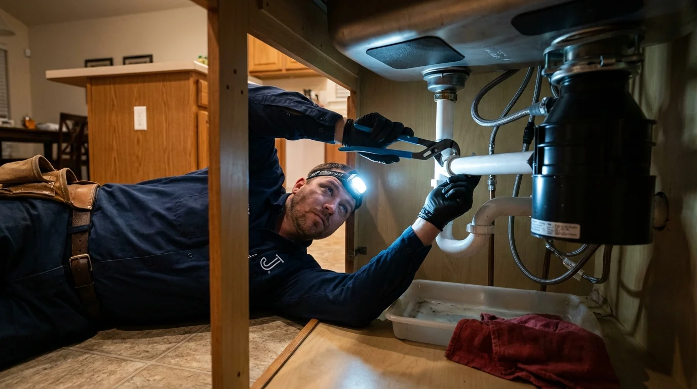 P-trap and supply line connections under a kitchen sink showing a common leak point in Byron Center, MI